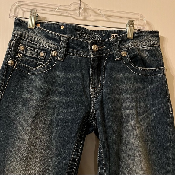 Miss Me Signature Rise Boot Blue Jeans 28 Med Wash Rhinestones Embroidered Rose - Picture 7 of 15